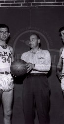 1946-47 Basketball L-R Bryan Lloyd, Danny Lynch, Coach Whitey Baccus, Ben Harris, Burt Rollings